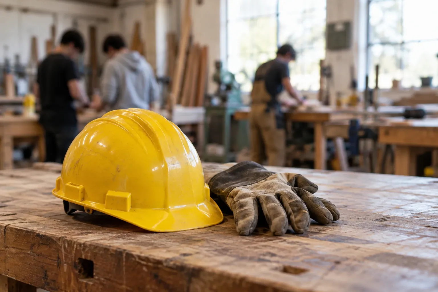 Yellow hard hat and worn leather gloves resting on a wooden workbench, carpenters blurred background