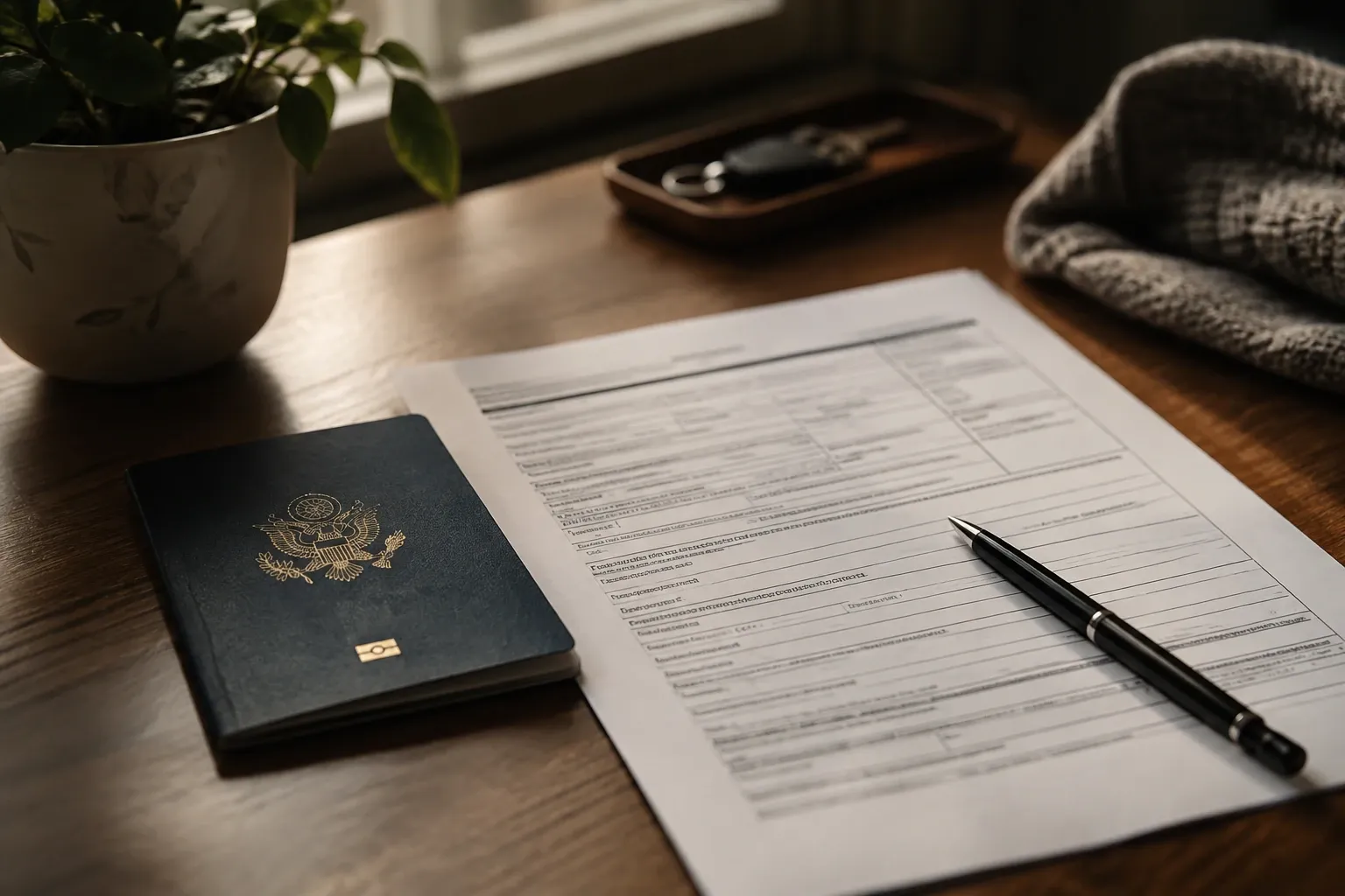 US passport, visa application form on wooden table with pen and plant