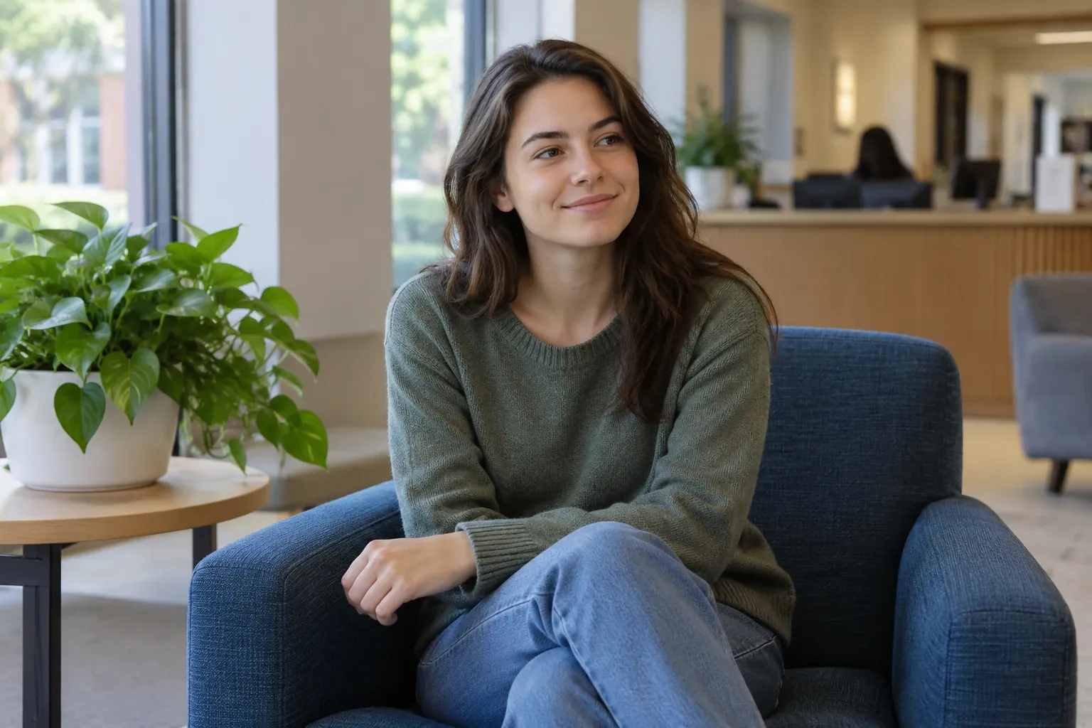 Young woman in sweater sitting in lounge chair, smiling and looking to side